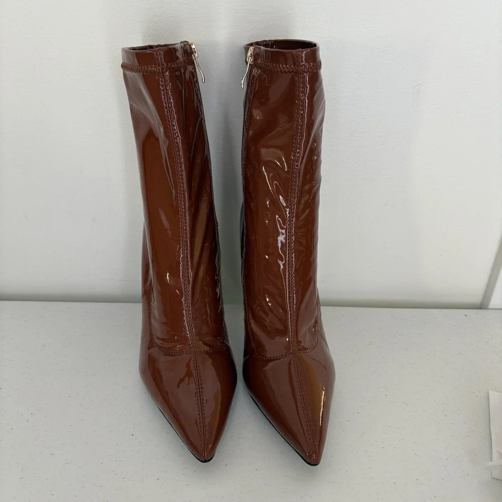 Azalea Wang Boots Womens Size 9 Brown Patent Pointed Toe Stiletto Zip Ankle Gold